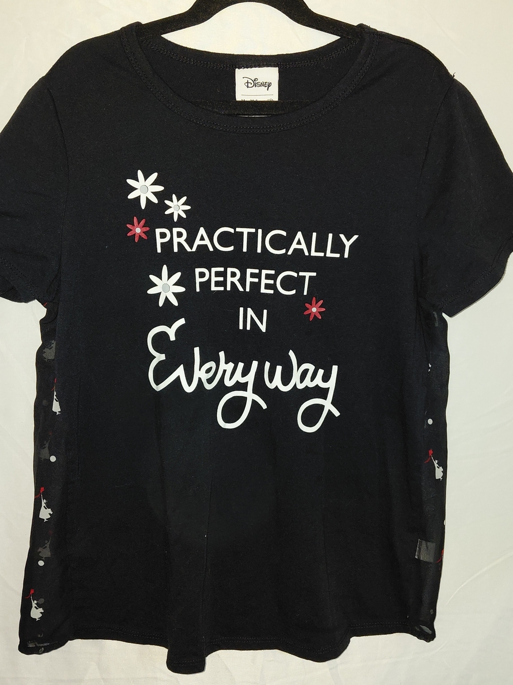 Disney Black Graphic Tee with White Script and Red Floral Accents #2294
